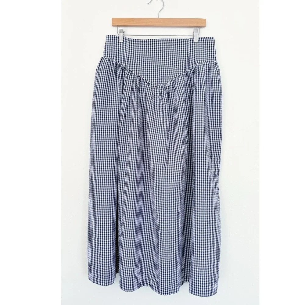 Anthropologie || Hutch Gingham Midi Skirt Smocked Back Blue White XL - Picture 2 of 11
